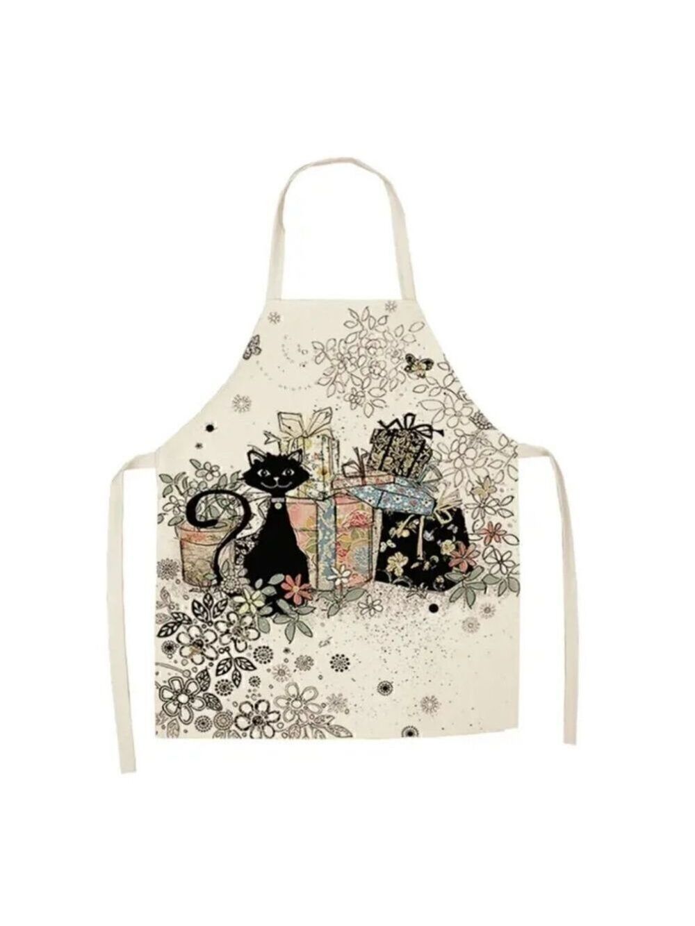 Kitchen or Housework Apron in Linen Printed with Cute Cat